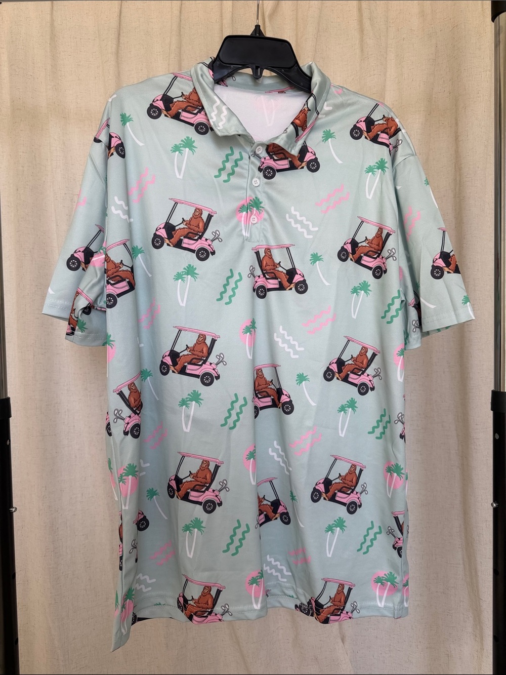 Mint Golf Cart Print Polo with Pink & Green Accents